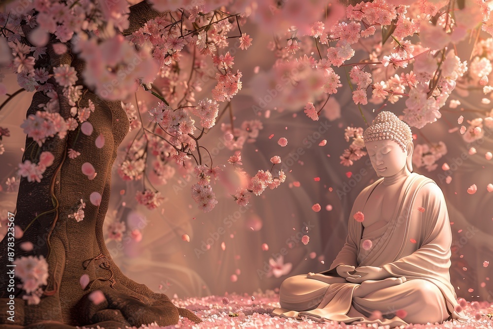 Fototapeta premium A statue of a Buddha with cherry blossom tree