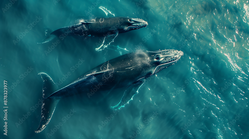 Twins Whale, The North Atlantic right whale is one of the most endangered large whale species. Humpback whale playfully swimming in clear blue ocean. Humpback.