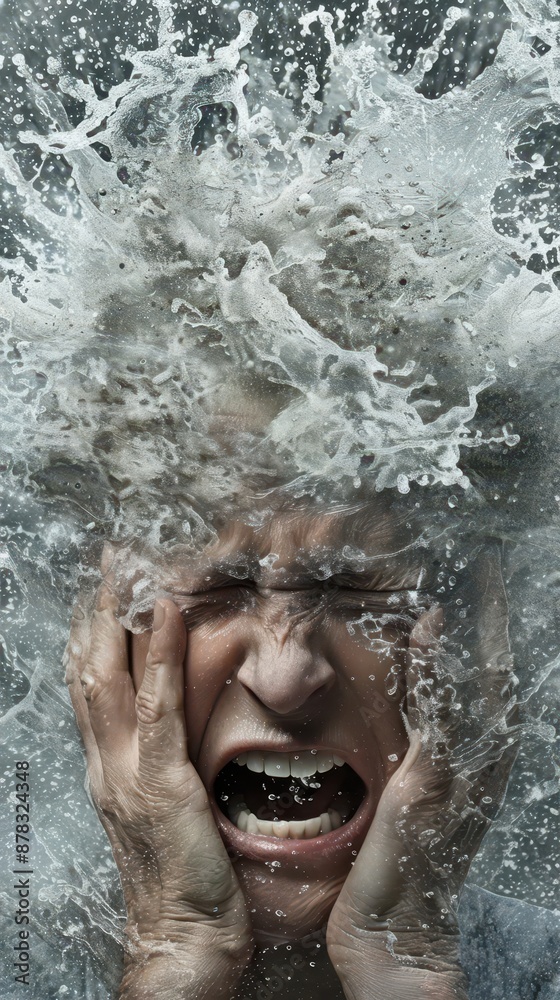 Fototapeta premium man with his hands on his face and water splashing over his head
