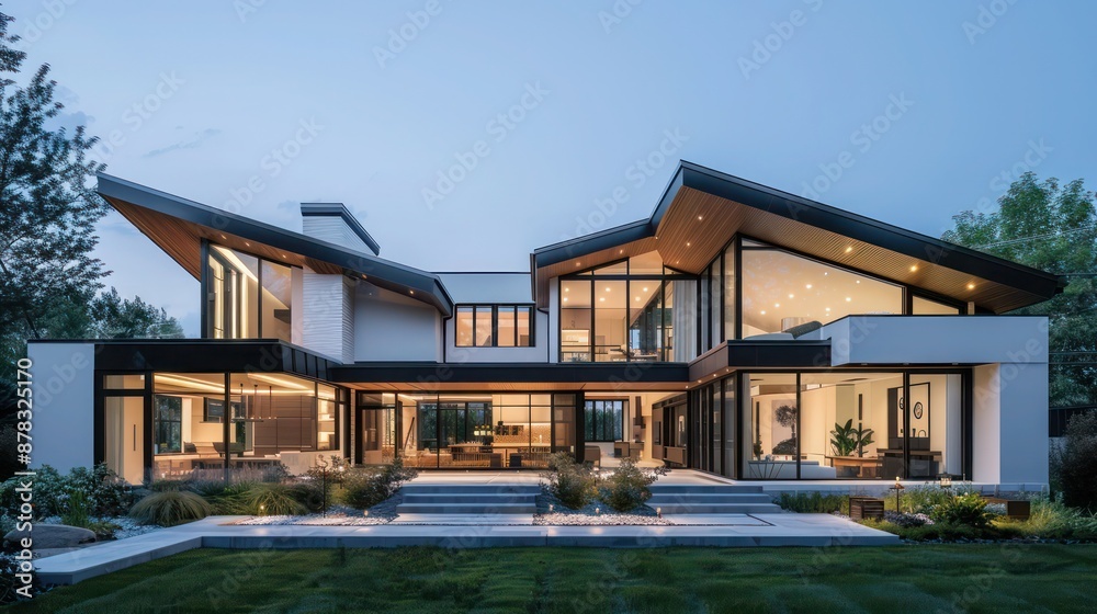 Suburban farmhouse with a modern twist, featuring angular architecture, a flat roof, and large, frameless windows Suburban farmhouse with a modern twist, featuring angular architecture, a flat roof, and large, frameless windows