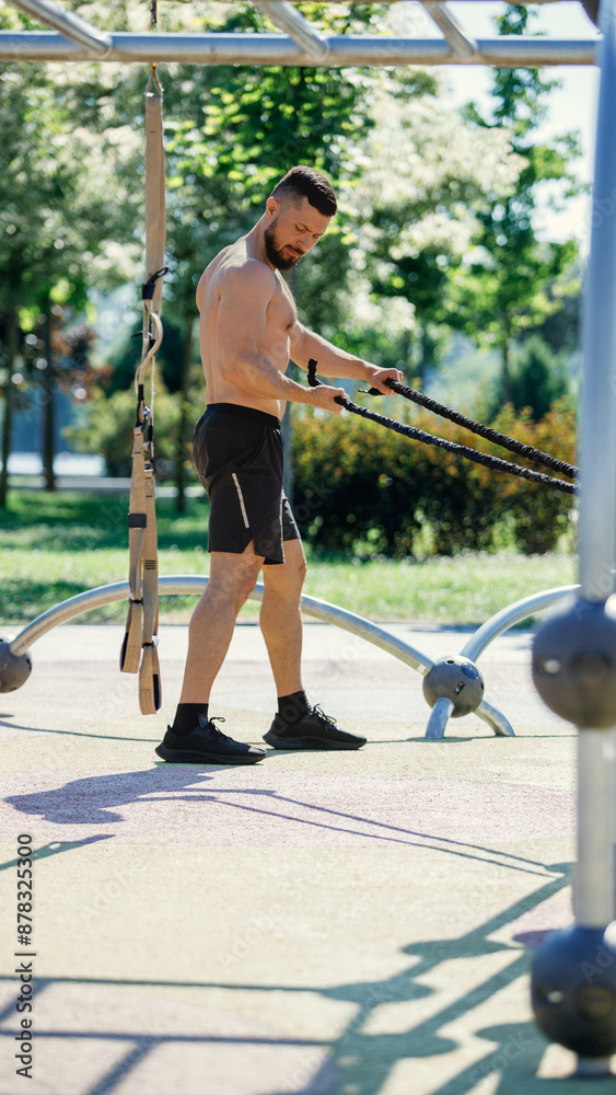 Obraz premium Male fitness enthusiast working out shirtless with resistance bands in park, surrounded by greenery and exercise equipment. Concept of sport, body and health care, active lifestyle, endurance