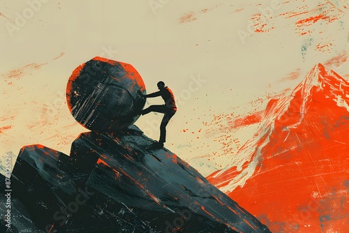 Abstract Illustration of a Man Pushing a Boulder Uphill photo