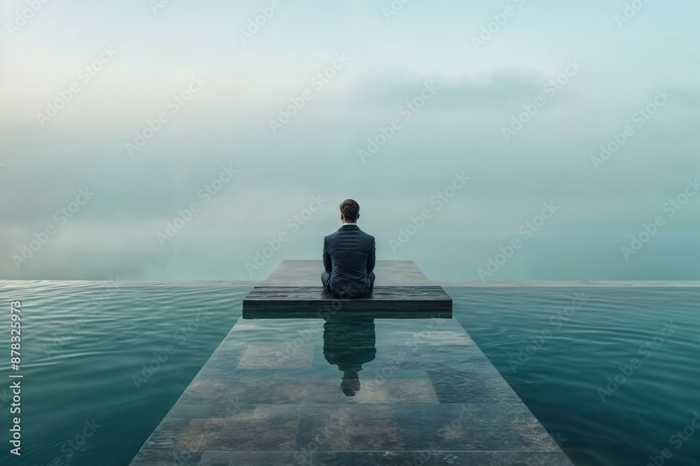 Man in a suit sitting on a platform over water, contemplating a serene, foggy horizon Man in a suit sitting on a platform over water, contemplating a serene, foggy horizon