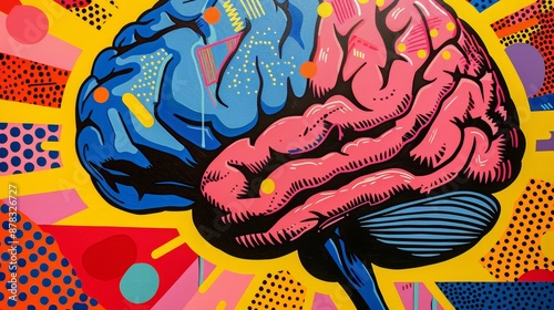 Human brain bursting with thoughts, pop art, bright colors, comic style, bold lines and patterns