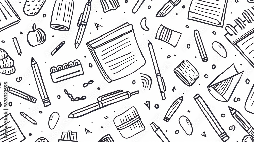 Black and white line drawing of stationery items on the background Black and white line drawing of stationery items on the background