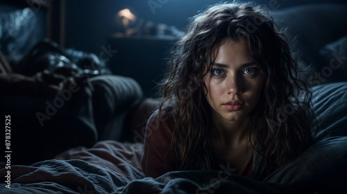 Dramatic shot of a young woman looking intensely in dim light