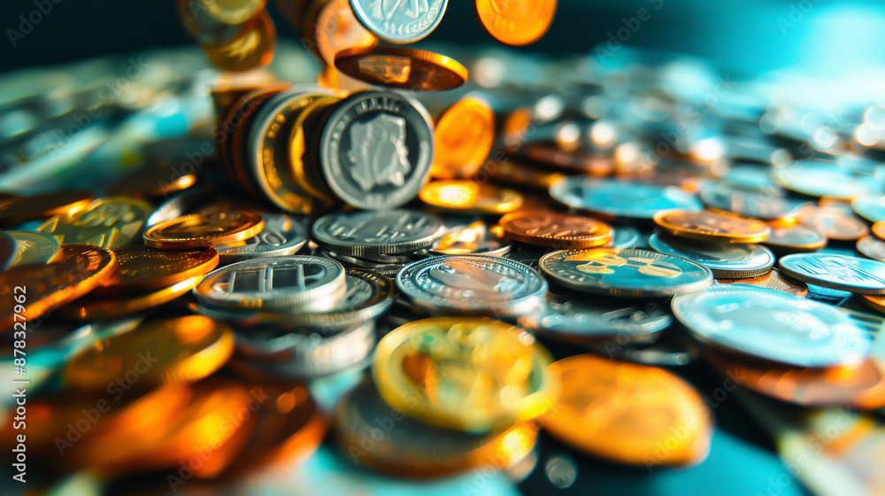 Coins and banknotes, scattered on a table, front view, illustrating financial abundance, futuristic tone, Analogous Color Scheme Coins and banknotes, scattered on a table, front view, illustrating financial abundance, futuristic tone, Analogous Color Scheme