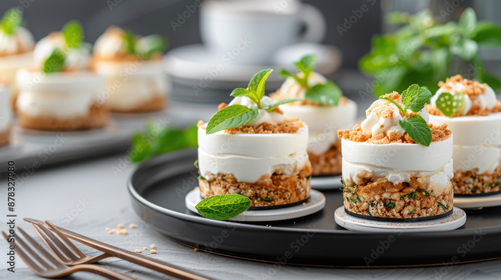 Delicious mini cheesecakes with mint on top Delicious mini cheesecakes with mint on top