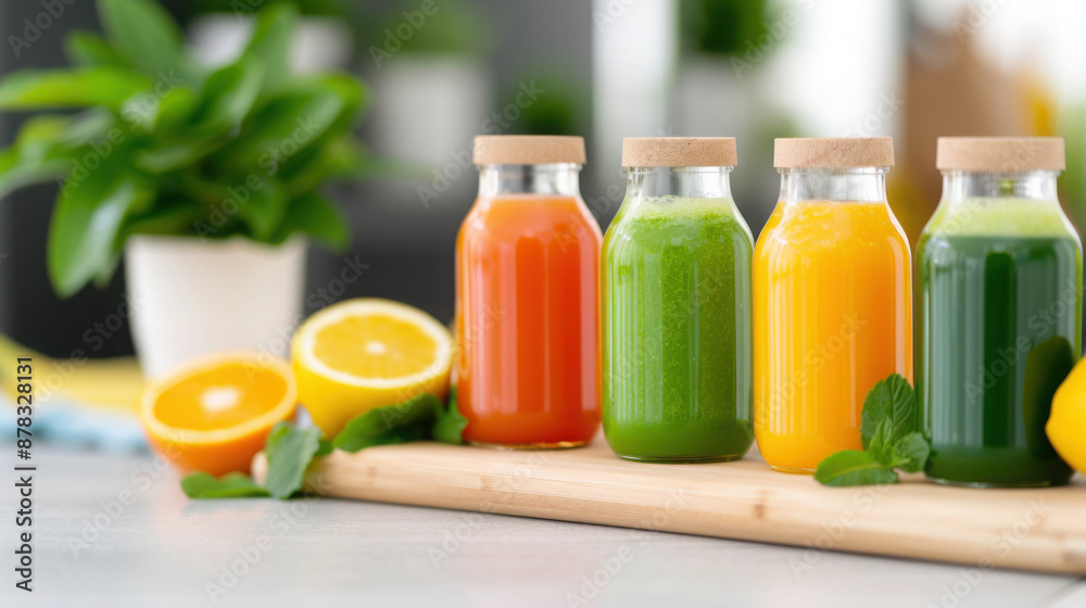 Freshly squeezed juices in glass bottles on wooden board Freshly squeezed juices in glass bottles on wooden board