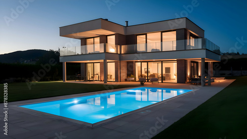 Modern house exterior with pool, house exterior photo