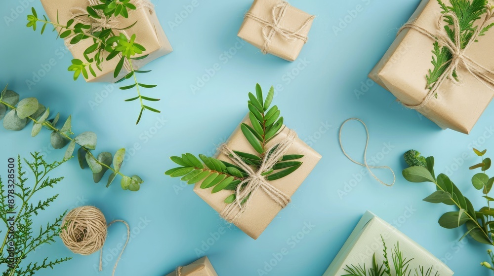 Handmade gift boxes with greenery and twine on blue backdrop Handmade gift boxes with greenery and twine on blue backdrop