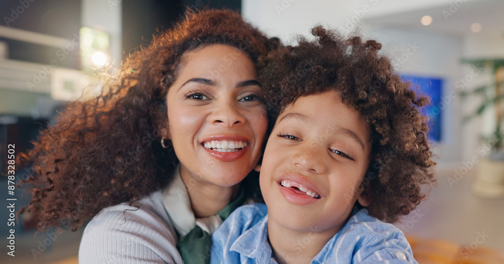 Fototapeta premium Happy mother, portrait and son with hug for bonding, love or embrace in care for holiday or weekend at home. Mom, child or little boy with smile for support, childhood or joy for motherhood at house