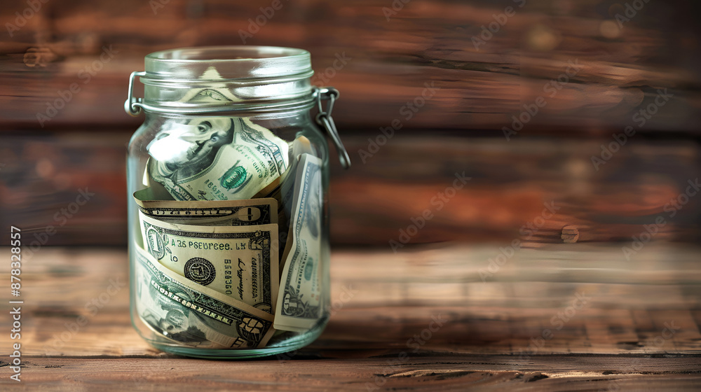 Dollar bills in a glass jar on a wooden background Dollar bills in a glass jar on a wooden background
