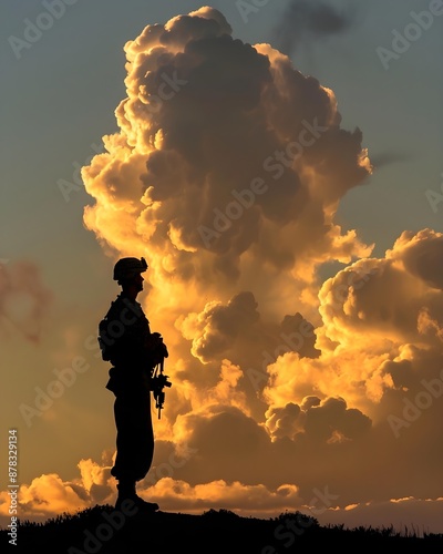 Silhouette of Soldier Standing Against a Dramatic Sunset Sky