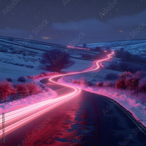 Winding Snowy Road Illuminated by Pink Neon Light Trails Under Starry Night Sky