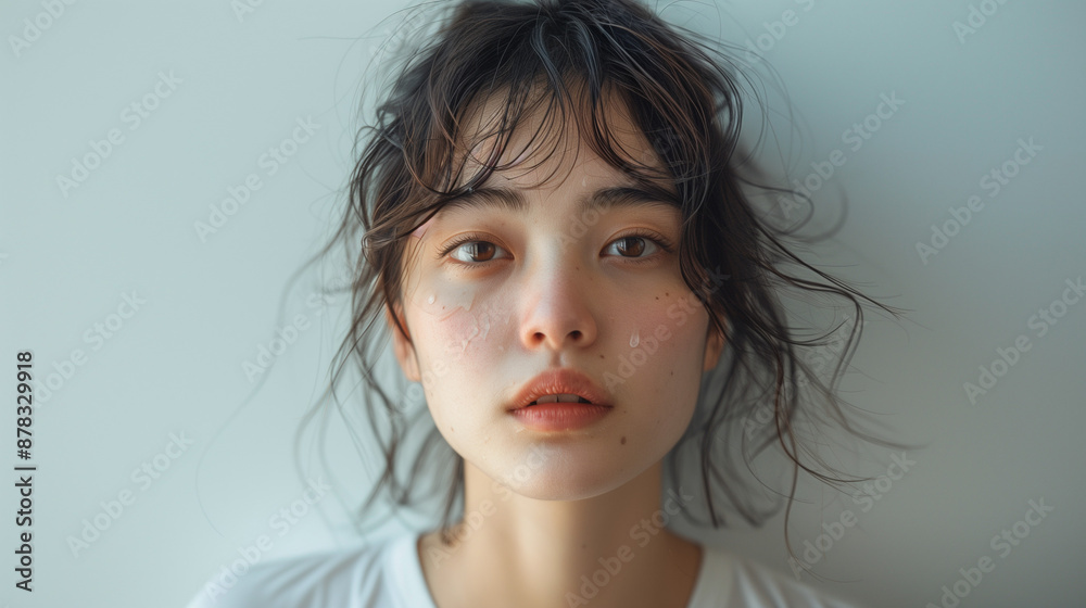 Minimalist portrait of a sad woman in light clothes against a white background, a tear on his cheek.
Minimalist portrait of a sad woman in light clothes against a white background, a tear on his cheek.