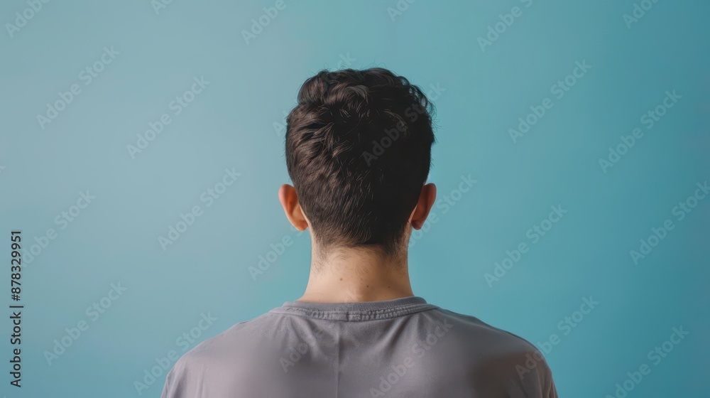 Man Facing Away From Camera In Front Of Light Blue Wall Man Facing Away From Camera In Front Of Light Blue Wall