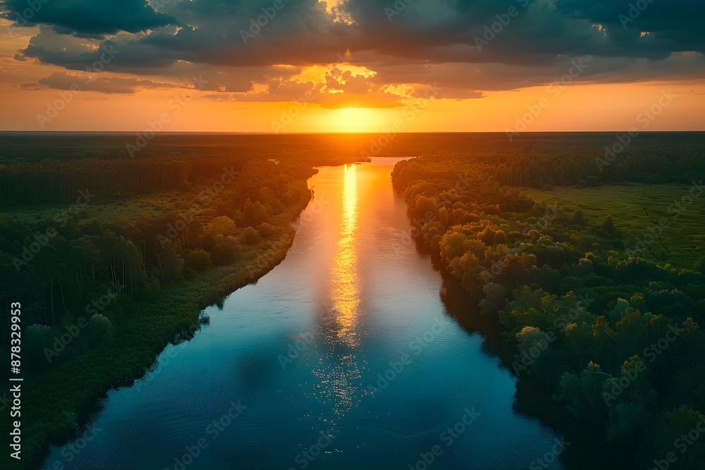 Serene River at Sunset with Lush Greenery