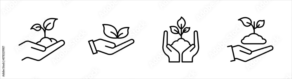 Hand with plant line icon set, linear style sign for mobile concept and web design, Hand holding sprout outline vector icon, Growth symbol, logo illustration, on a white background. Hand with plant line icon set, linear style sign for mobile concept and web design, Hand holding sprout outline vector icon, Growth symbol, logo illustration, on a white background.
