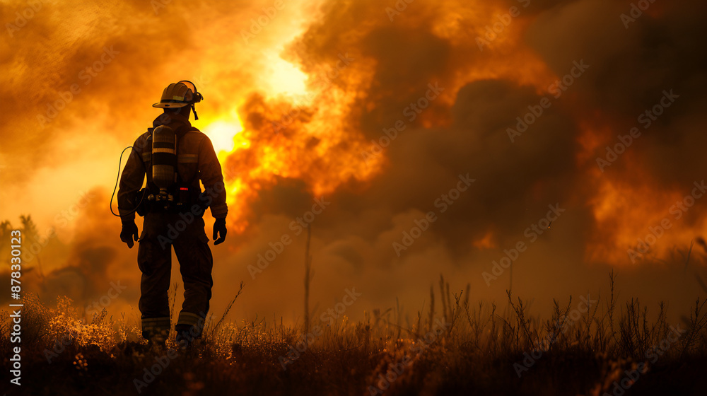Dramatic silhouette of American firefighter in forest fire Dramatic silhouette of American firefighter in forest fire