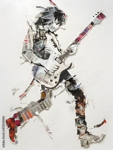 Collage art of a rock musician playing guitar made from torn paper