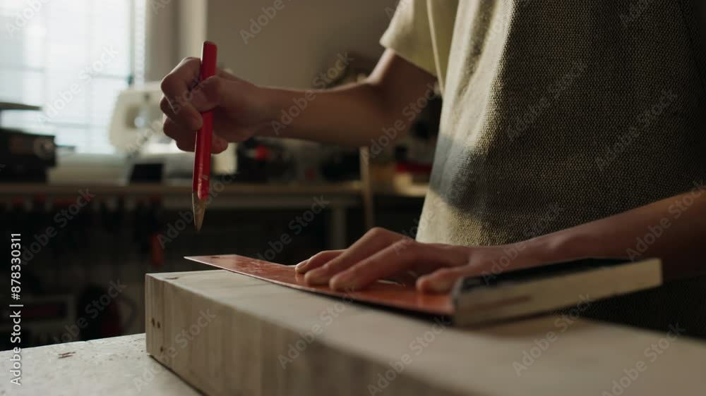 Close up view of hands of unrecognizable girl in apron drawing line on wood piece with pencil and caliper at workbench in carpentry workshop Close up view of hands of unrecognizable girl in apron drawing line on wood piece with pencil and caliper at workbench in carpentry workshop