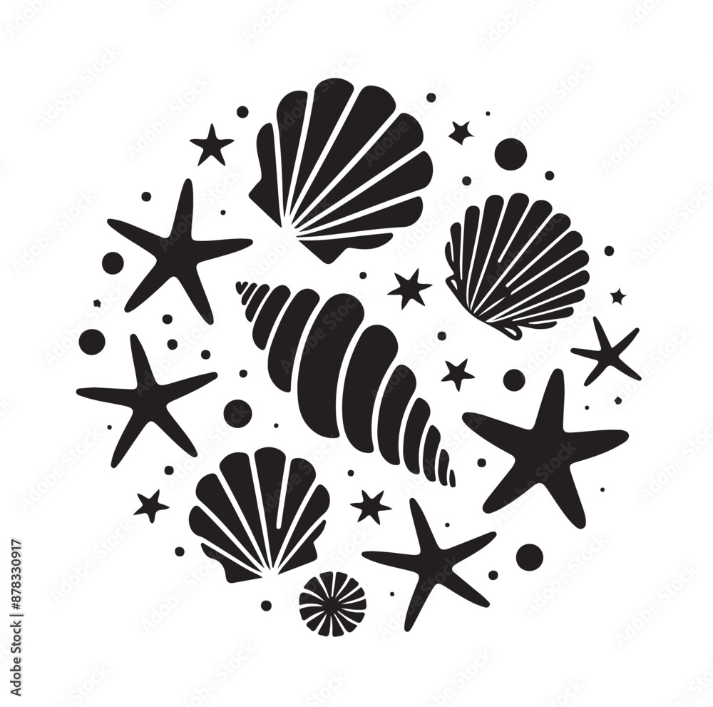 Set of different black sea shells and starfish vector illustration Set of different black sea shells and starfish vector illustration