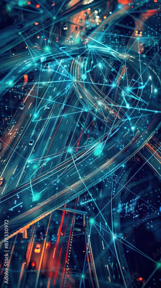 An aerial view of the city's highway network, showcasing multiple bridges and realistic digital lines connecting cars on the road with traffic lights. An aerial view of the city's highway network, showcasing multiple bridges and realistic digital lines connecting cars on the road with traffic lights.
