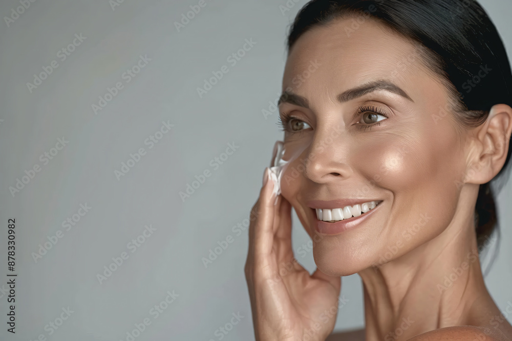 A beautiful woman in her late thirties with radiant and healthy skin, smiling while applying cream to the cheek of one side of her face against a light grey background. She has smooth and glowing skin A beautiful woman in her late thirties with radiant and healthy skin, smiling while applying cream to the cheek of one side of her face against a light grey background. She has smooth and glowing skin