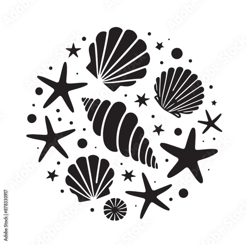 Cuadro en lienzo Set of different black sea shells and starfish vector illustration