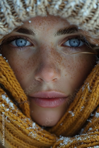 Close-up of a young woman with blue eyes in warm winter clothing