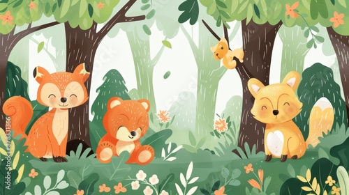 Wallpaper Mural Whimsical Woodland Friends: Adorable Flat Design Animal Characters in Pastel Forest - Top View Cartoon Drawing Torontodigital.ca