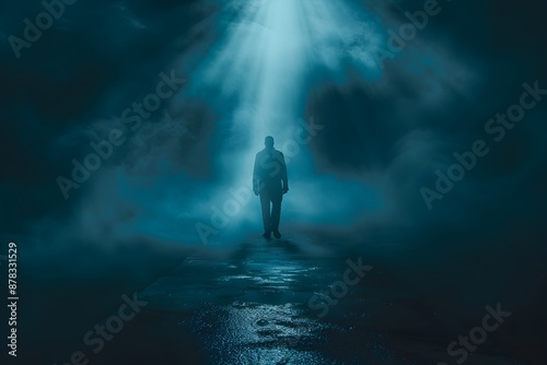 Mysterious Figure Illuminated by a Beam of Light in a Foggy Night