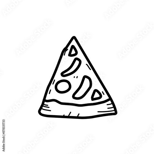 Cute pizza icon. Hand drawn monochrome illustration of a Italian pizza slice isolated on a white background. 