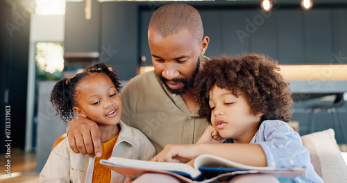 Slika na platnu Man, children and reading with book in home, sofa and lounge for fantasy stories