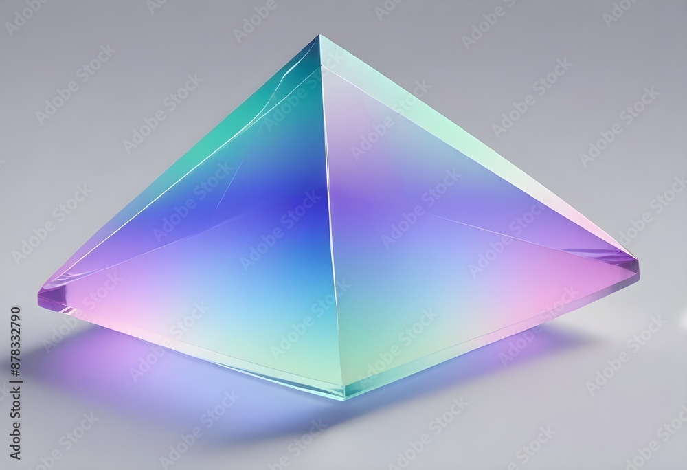 A large, transparent blue purple pink and green pyramid-shaped object with a blue and brown gradient effect, floating against a light gray background A large, transparent blue purple pink and green pyramid-shaped object with a blue and brown gradient effect, floating against a light gray background