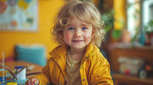 Child engaged in drawing at a small table with art supplies in a brightly lit, colorful environment.