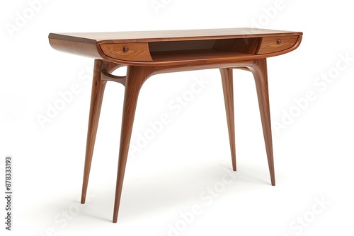 Minimalist wooden desk with a curved front and tapered legs