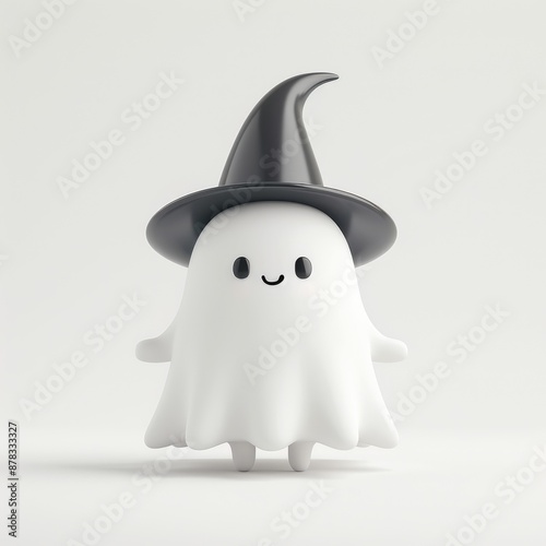 Whimsical Playful Ghost in Witch Hat - Spooky 3D Render on White Background, Generative Ai photo