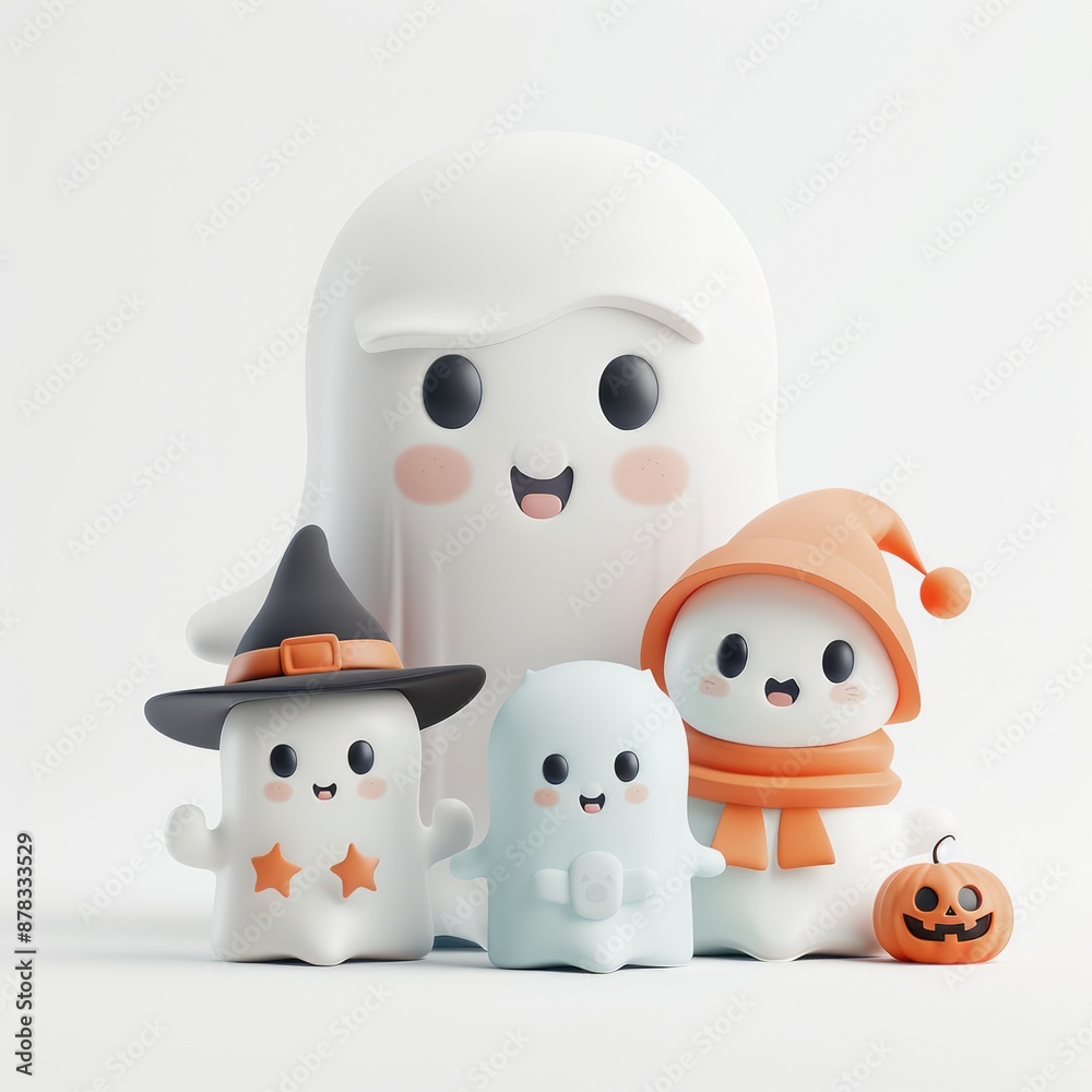 Obraz premium Ghostly Family Fun - Adorable Halloween Hats on Cute Ghosts in 3D Render, Isolated on White Background, Generative Ai