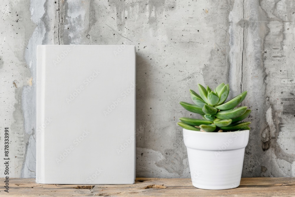 Minimalist White Book and Succulent Plant on Wooden Shelf Against Concrete Wall Minimalist White Book and Succulent Plant on Wooden Shelf Against Concrete Wall