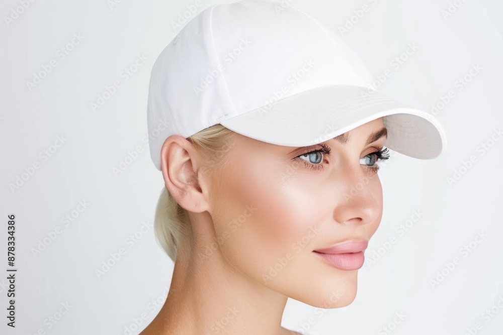 Blonde Woman in White Baseball Cap on Plain Background Blonde Woman in White Baseball Cap on Plain Background