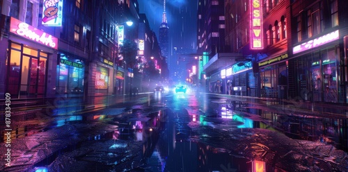 Streets of the city, night, rain and fog on an empty street with puddles in which neon lights reflect.