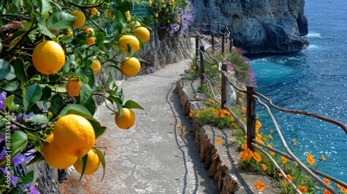 Coastal Pathway with Vibrant Lemon Trees and Sea View