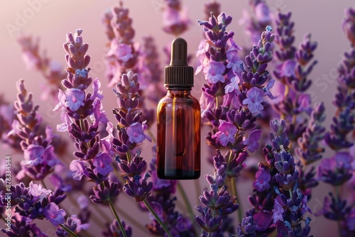 Lavender essential oil bottle surrounded by lavender flowers.