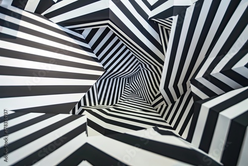 Black and white striped tunnel with optical illusion effect