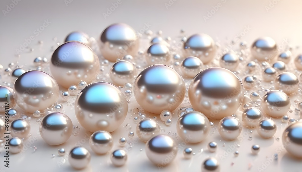 Numerous pearl white spherical bubbles or droplets of various sizes floating against a warm white background Numerous pearl white spherical bubbles or droplets of various sizes floating against a warm white background