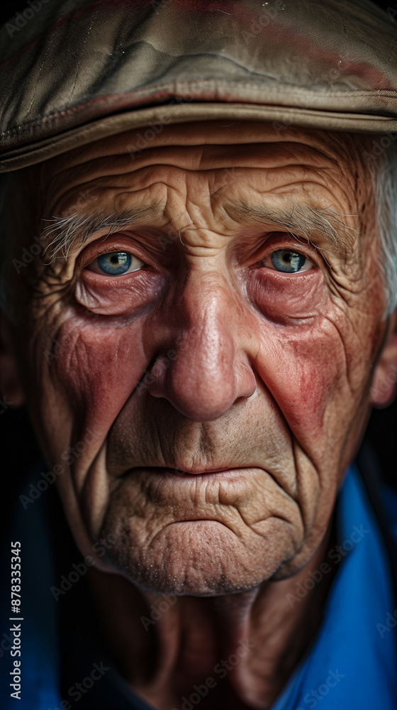 Elderly man with wrinkled skin and expressive blue eyes, wearing a cap, showcasing wisdom. Elderly man with wrinkled skin and expressive blue eyes, wearing a cap, showcasing wisdom.