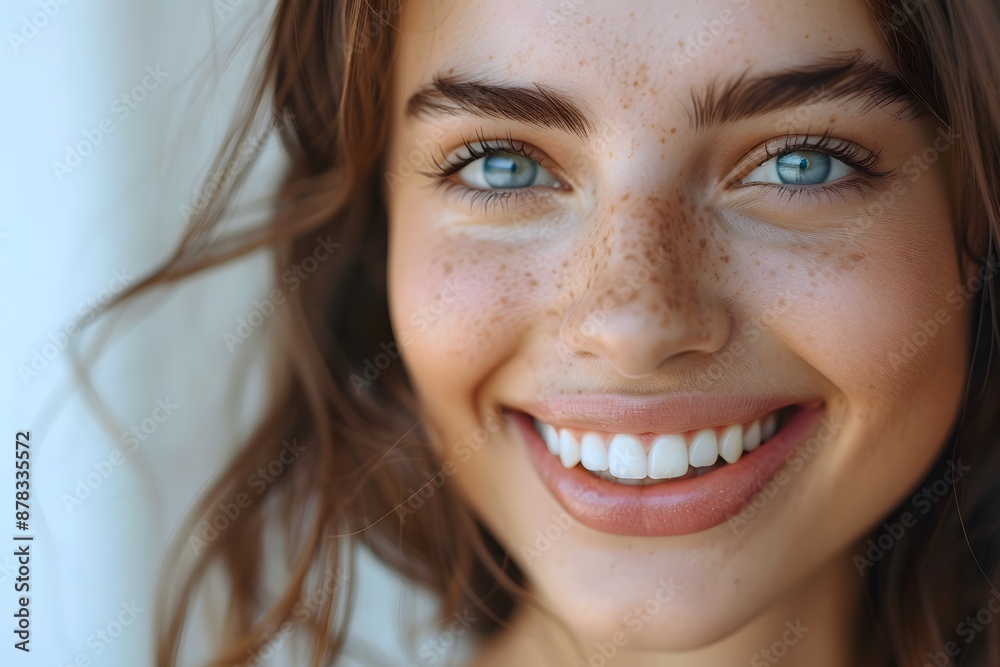 Radiant Smile of a Freckled Woman with Blue Eyes Radiant Smile of a Freckled Woman with Blue Eyes