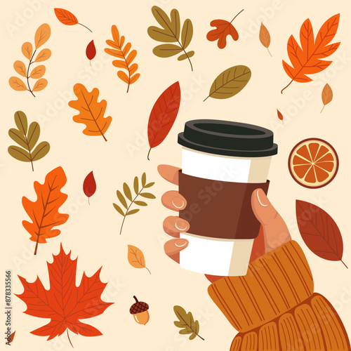 Minimalist flat illustration of a cup of coffee in a woman's hand on a background of autumn leaves. Vector cartoon illustration.